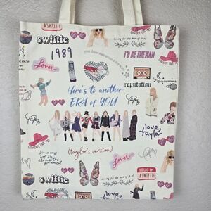 Taylor Swift Eras Inspired Canvas Tote Bag Swiftie Graphic Print Cream Multi